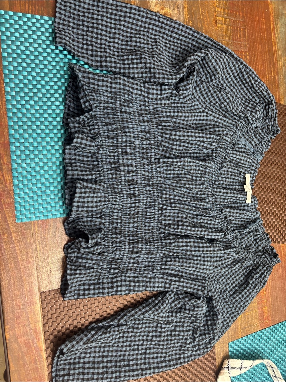 LOFT Black and Blue Gingham Smocked Peasant Blouse